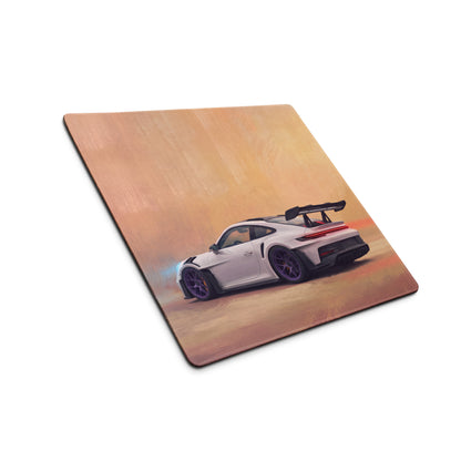 White porsche 911 gt3 rs race car illustration on a matte finish square mousepad for gaming and desk use