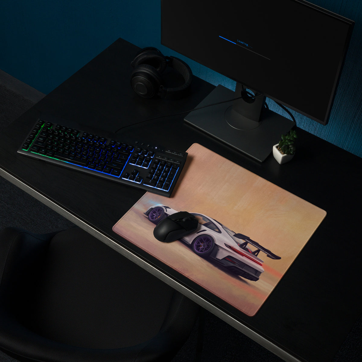 Rectangular ultra-glide gaming mousepad with stitched edge featuring white porsche 911 gt3 rs graphic with violet wheels