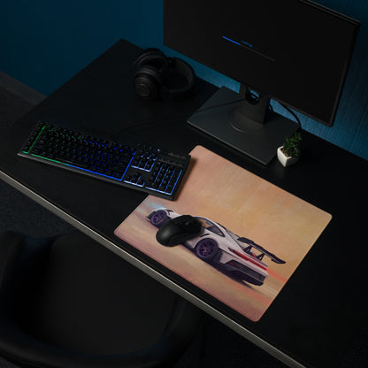 Rectangular ultra-glide gaming mousepad with stitched edge featuring white porsche 911 gt3 rs graphic with violet wheels