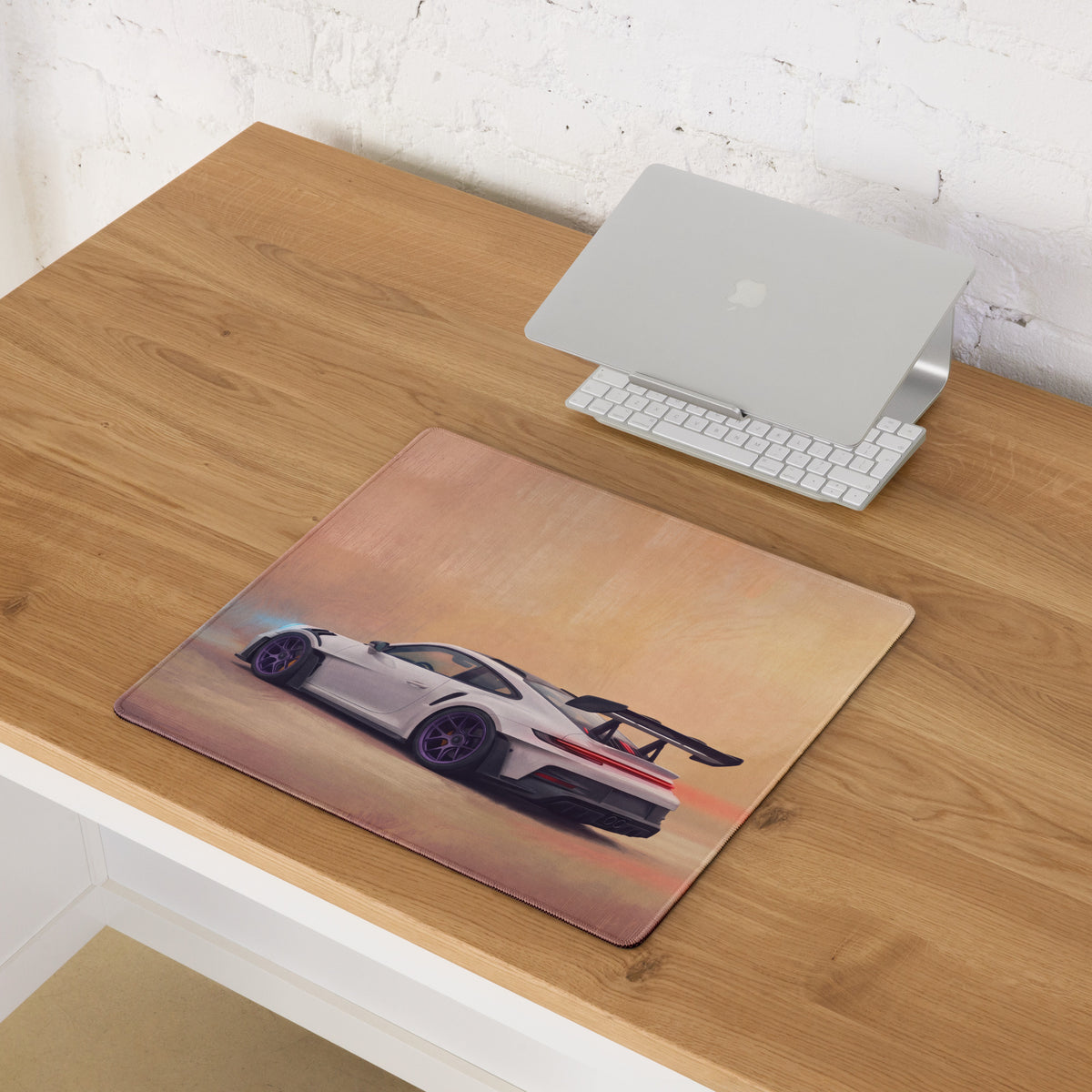 Rectangular ultra-glide stitched edge gaming mouse pad with white porsche 911 gt3 rs illustration and violet accents
