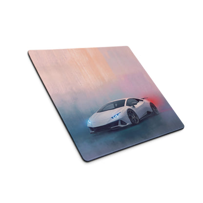 Lamborghini huracán inspired pearl white extended non-slip desk pad with white sports car graphic on pink orange blue gradient