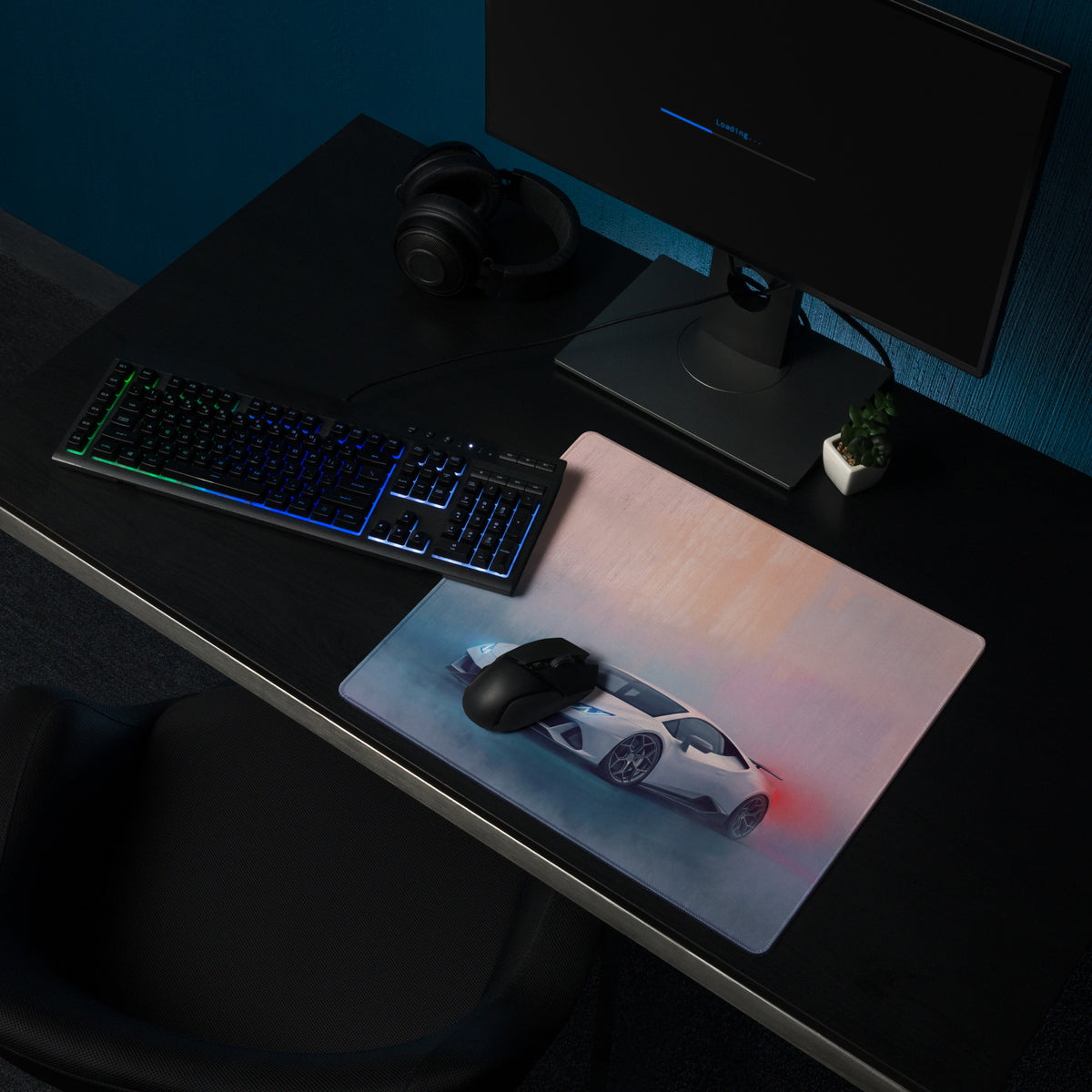A sleek rectangular lamborghini huracán inspired pearl white desk pad featuring a white sports car graphic