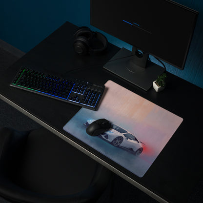 A sleek rectangular lamborghini huracán inspired pearl white desk pad featuring a white sports car graphic