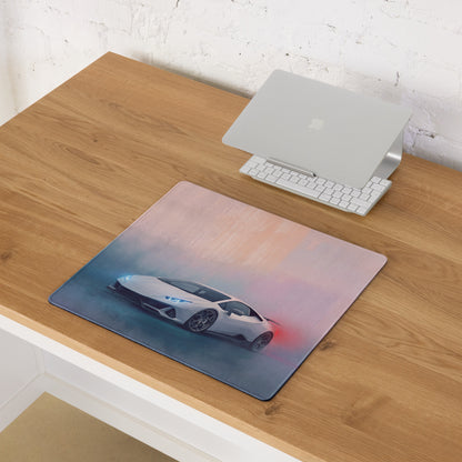 Rectangular non-slip mousepad featuring a white Lamborghini Huracán graphic on a pink and blue gradient background