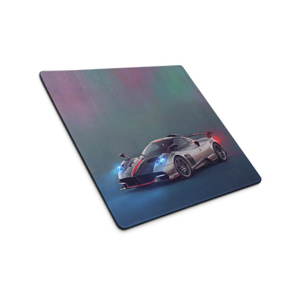 Pagani Huayra inspired silver and red sports car graphic on XL gaming mousepad with high precision surface