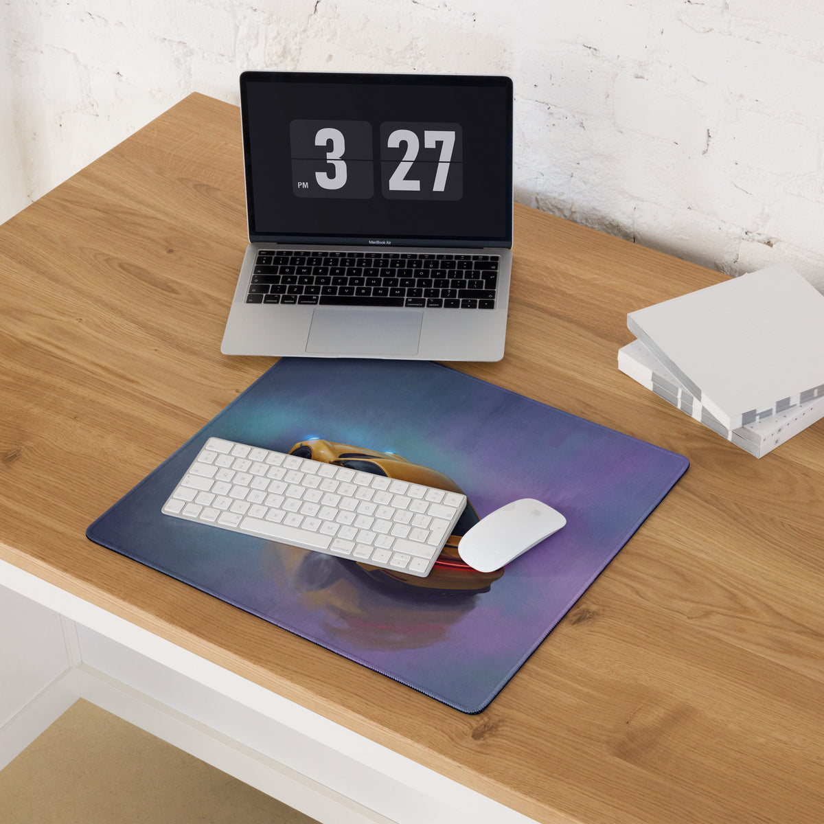 Rectangular gaming mousepad with vibrant cosmic design featuring golden Porsche 911 GT3 yellow car on stitched edge desk pad