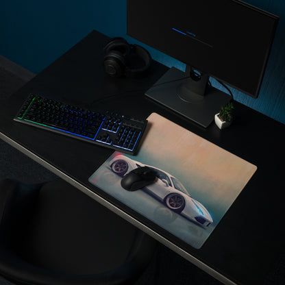 Ferrari 488 inspired pearl white extended non slip gaming mousepad with white sports car and blue accents print