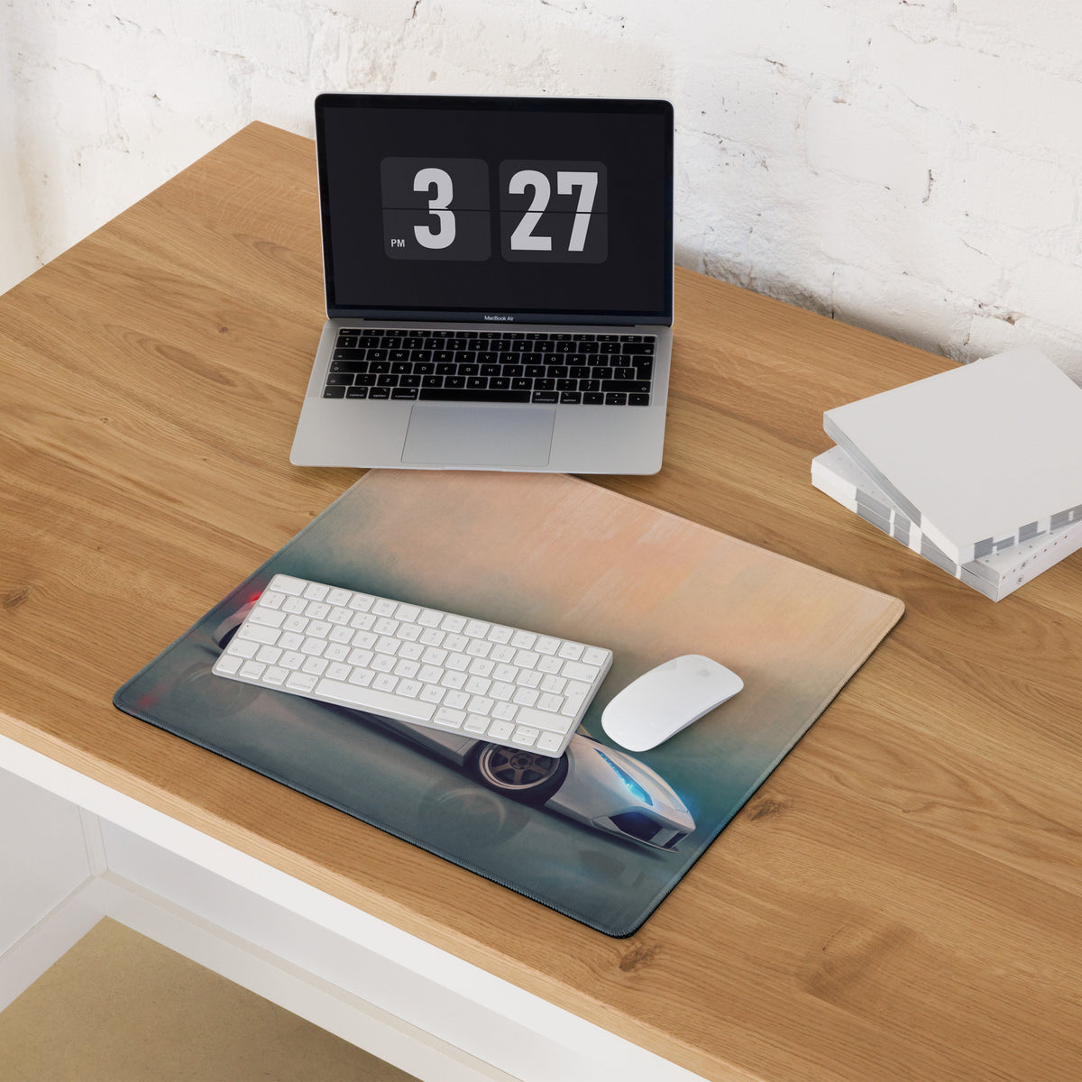 Rectangular non-slip pc mousepad with a futuristic silver and blue sports car print on a gradient background