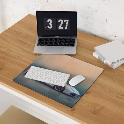 Rectangular non-slip pc mousepad with a futuristic silver and blue sports car print on a gradient background