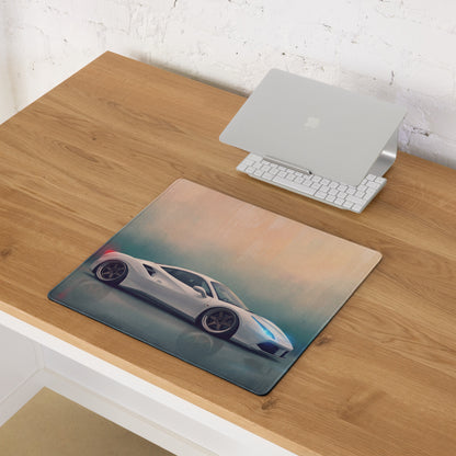 White sports car graphic printed on a rectangular pearl white Ferrari 488 inspired soft textured non-slip mousepad