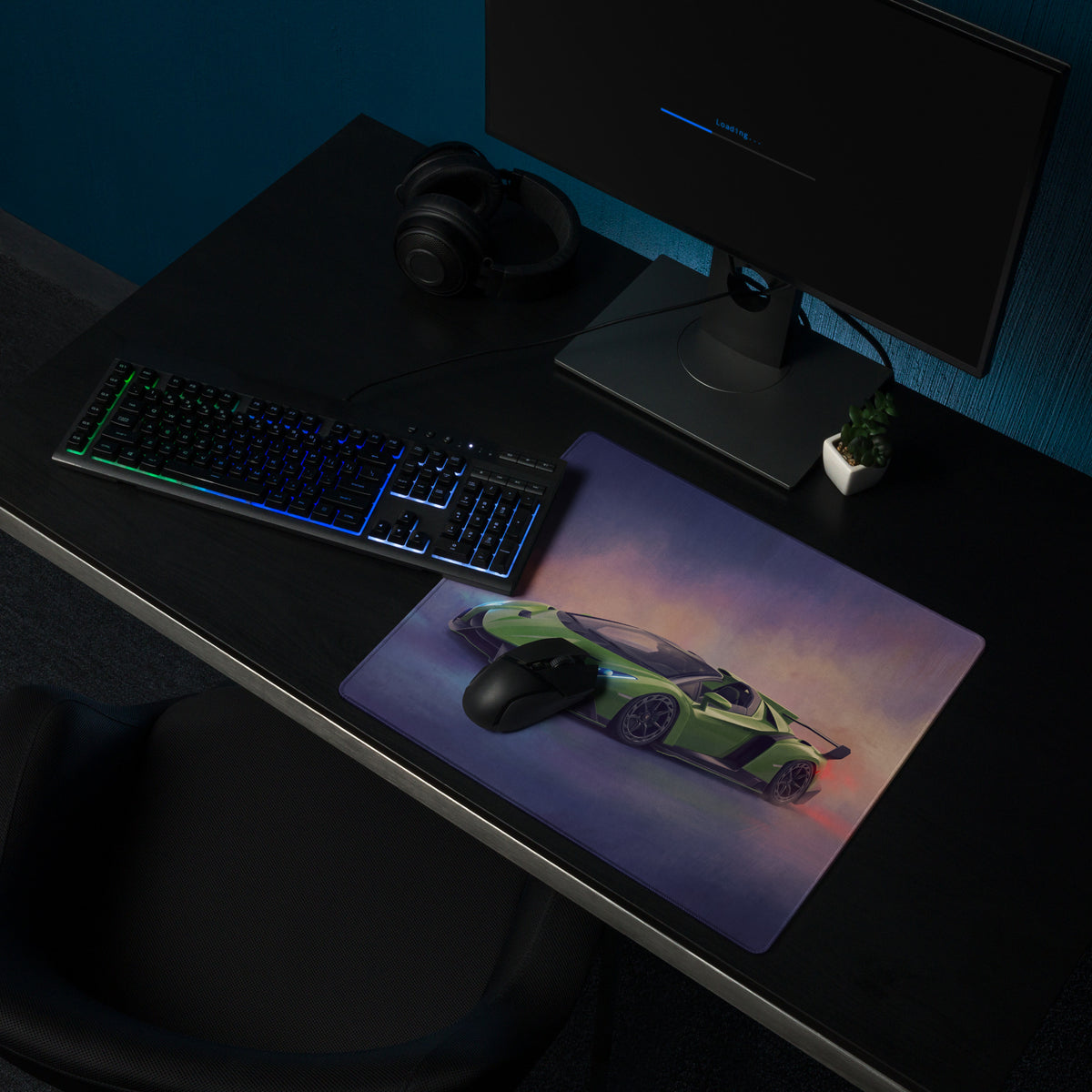 Rectangular high precision xl gaming mousepad featuring a vibrant green lamborghini veneno on purple pink gradient background