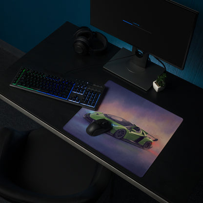 Rectangular high precision xl gaming mousepad featuring a vibrant green lamborghini veneno on purple pink gradient background
