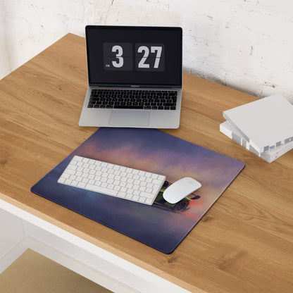 A rectangular lamborghini veneno inspired verde scandal desk mat with a vibrant cosmic scene and black car design