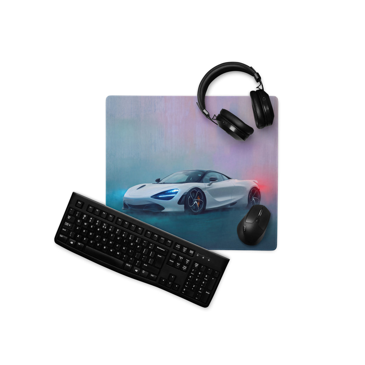 White mclaren sports car printed on pearl glacier desk pad with ultra-glide stitched edge for gaming mouse use