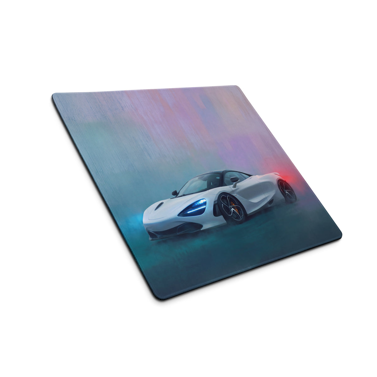 White mclaren 720s inspired pearl glacier desk pad with ultra-glide stitched edge and vibrant blue red lighting effects