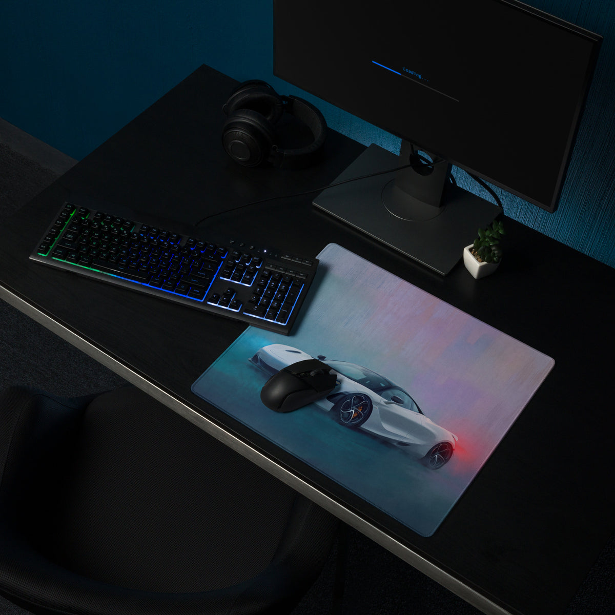 McLaren 720S inspired pearl glacier desk pad with vibrant white sports car graphic and ultra-glide stitched edges gaming mat