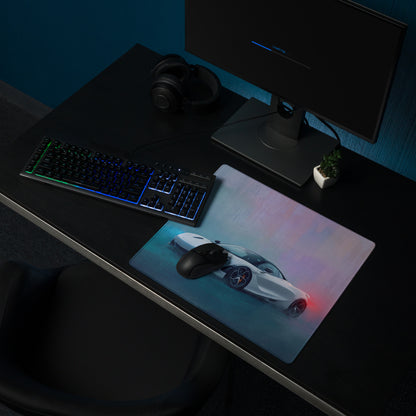 McLaren 720S inspired pearl glacier desk pad with vibrant white sports car graphic and ultra-glide stitched edges gaming mat