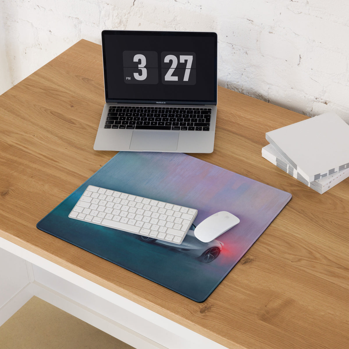 McLaren 720S inspired pearl glacier desk pad with blue and purple gradient and futuristic car design for gaming use