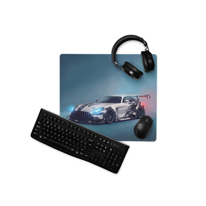 Mercedes-AMG GT3 inspired cyber camo desk pad with a high-resolution white and black racing car print and non-slip surface