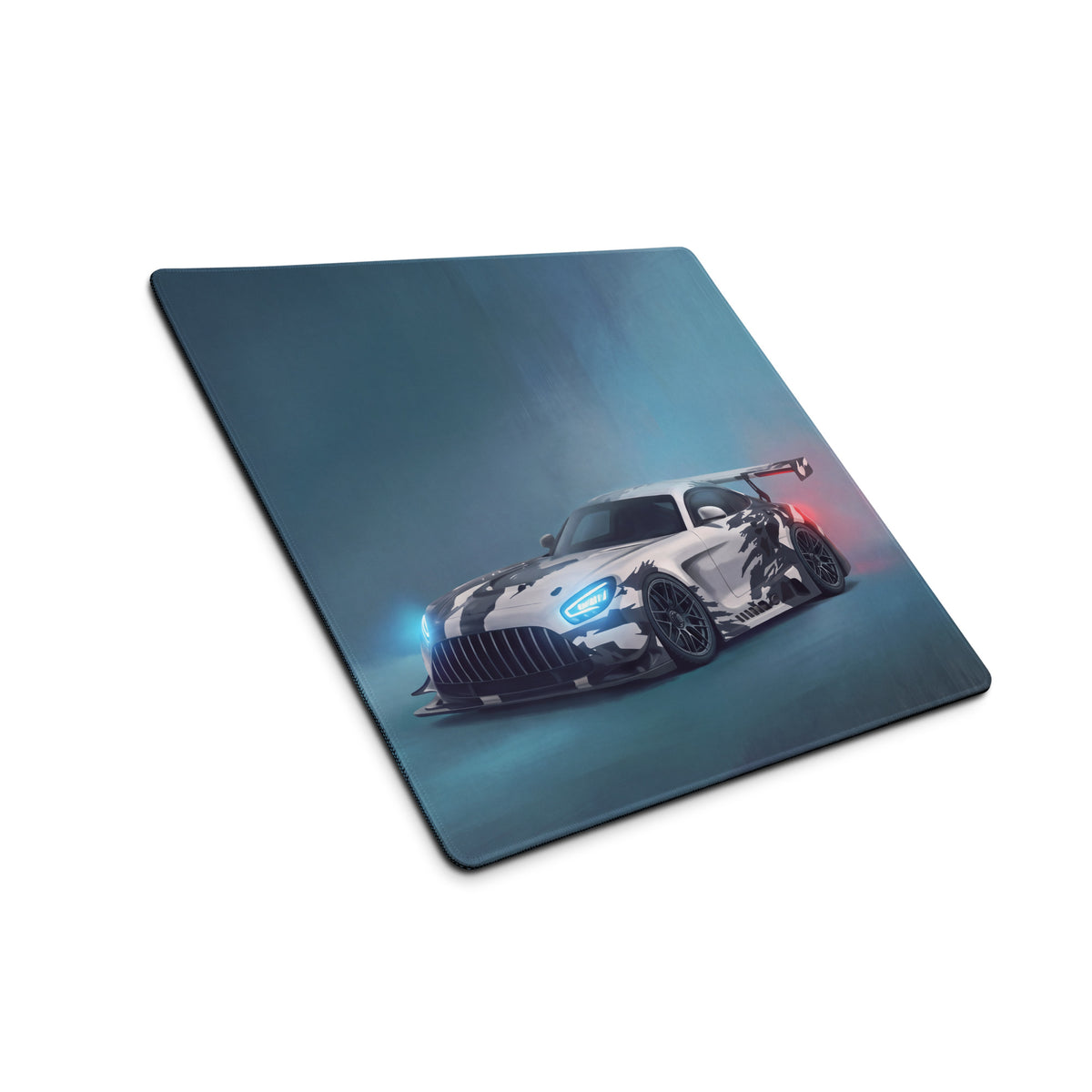Mercedes-AMG GT3 inspired extended non-slip gaming mousepad with a high-resolution white and black racing car print on teal