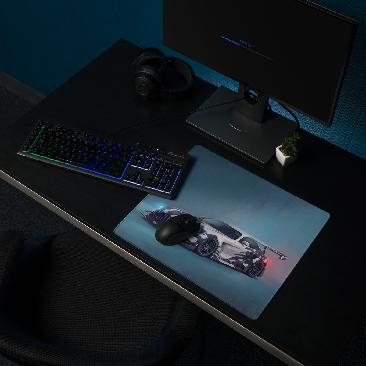 Mercedes-AMG GT3 inspired cyber camo extended non-slip mousepad with white and black racing car on blue background
