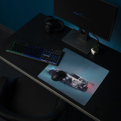 Mercedes-AMG GT3 inspired cyber camo extended non-slip mousepad with white and black racing car on blue background