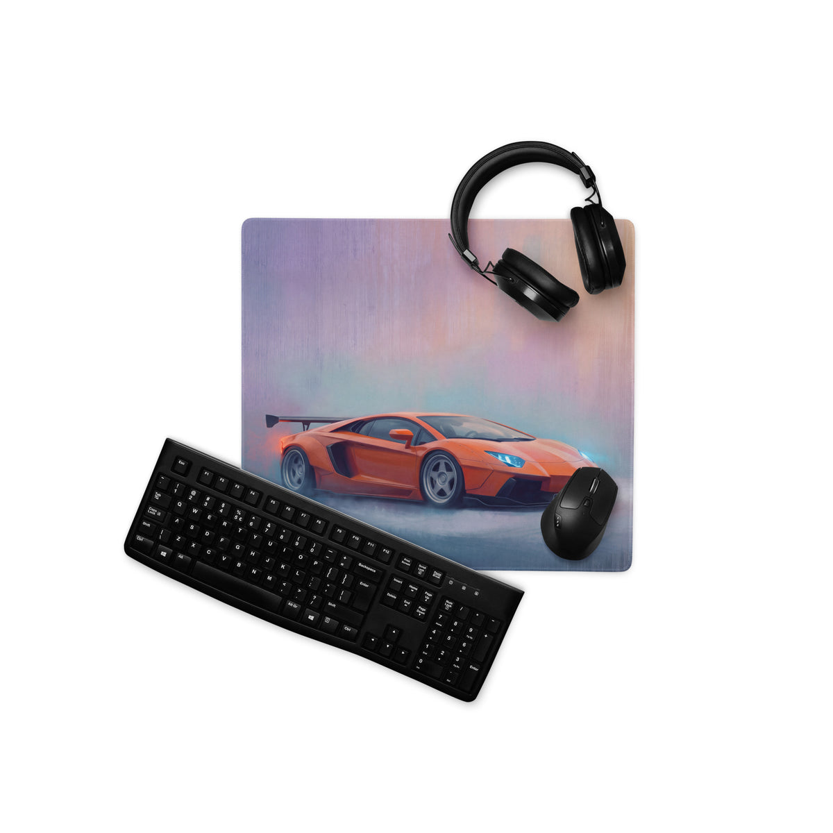 Rectangular orange sports car graphic desk pad with ultra-glide stitched edge for gaming and workspaces