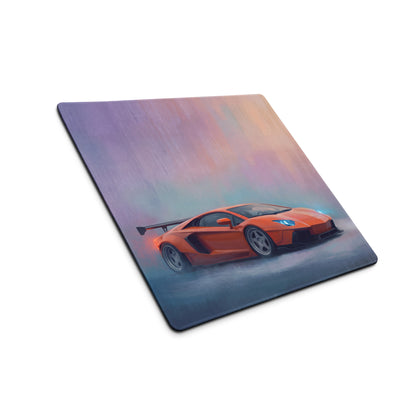 Lamborghini aventador inspired arancio horizon desk pad with orange sports car graphic and stitched edge ultra glide surface