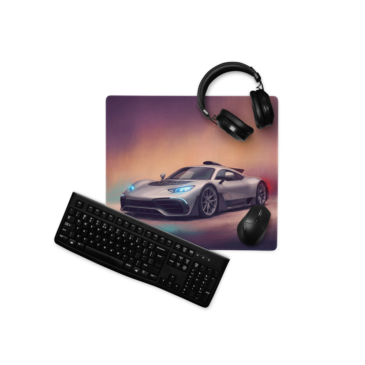 Mercedes-AMG ONE inspired hyper silver sports car graphic printed on purple and orange gradient extended desk pad