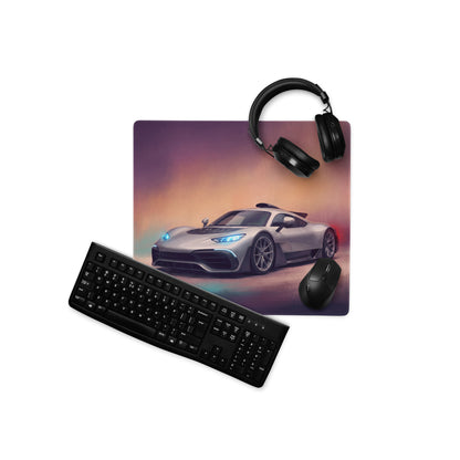 Mercedes-AMG ONE inspired hyper silver sports car graphic printed on purple and orange gradient extended desk pad