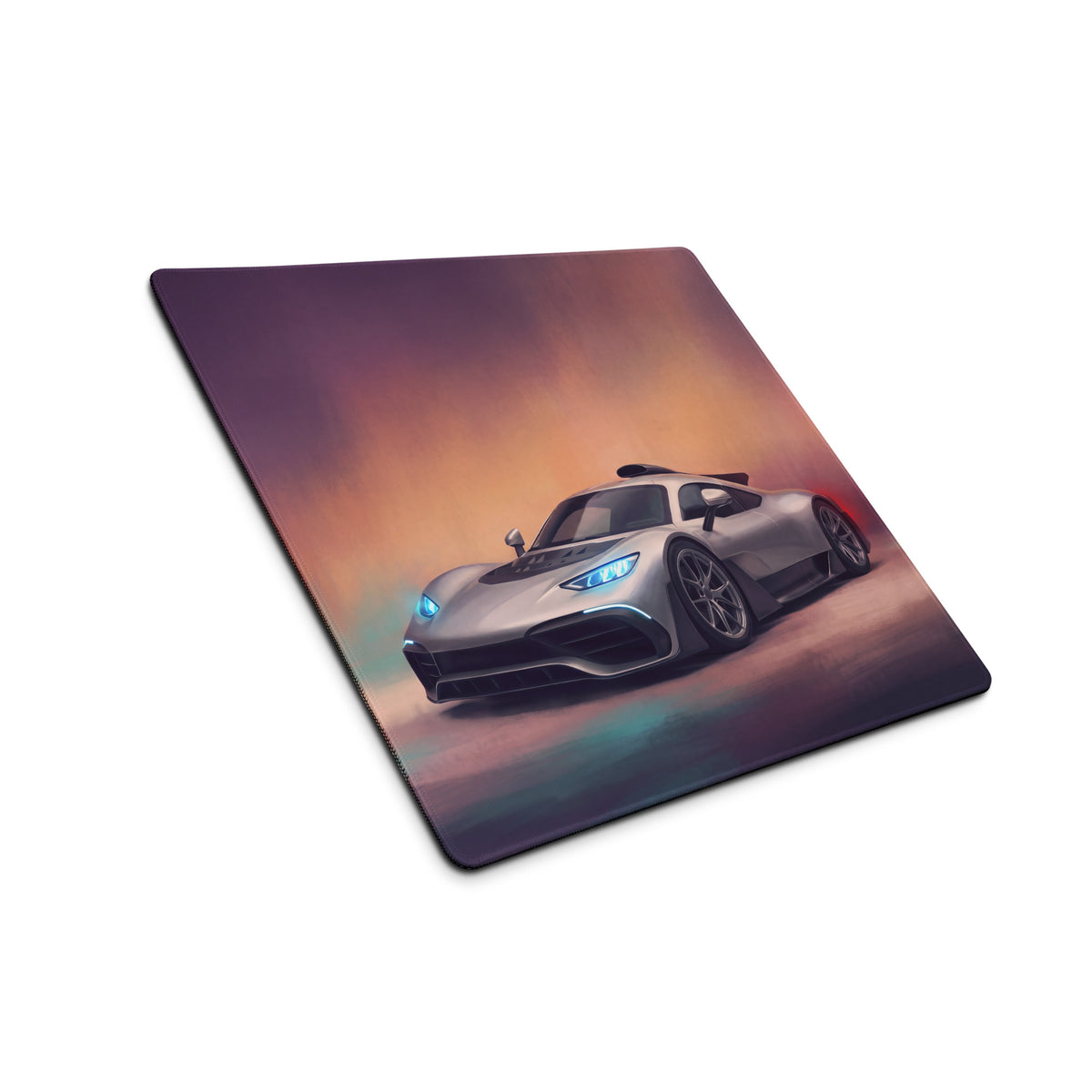 Mercedes-AMG ONE inspired hyper silver extended non-slip mouse pad with silver sports car graphic and purple orange teal gradient