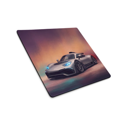 Mercedes-AMG ONE inspired hyper silver extended non-slip mouse pad with silver sports car graphic and purple orange teal gradient
