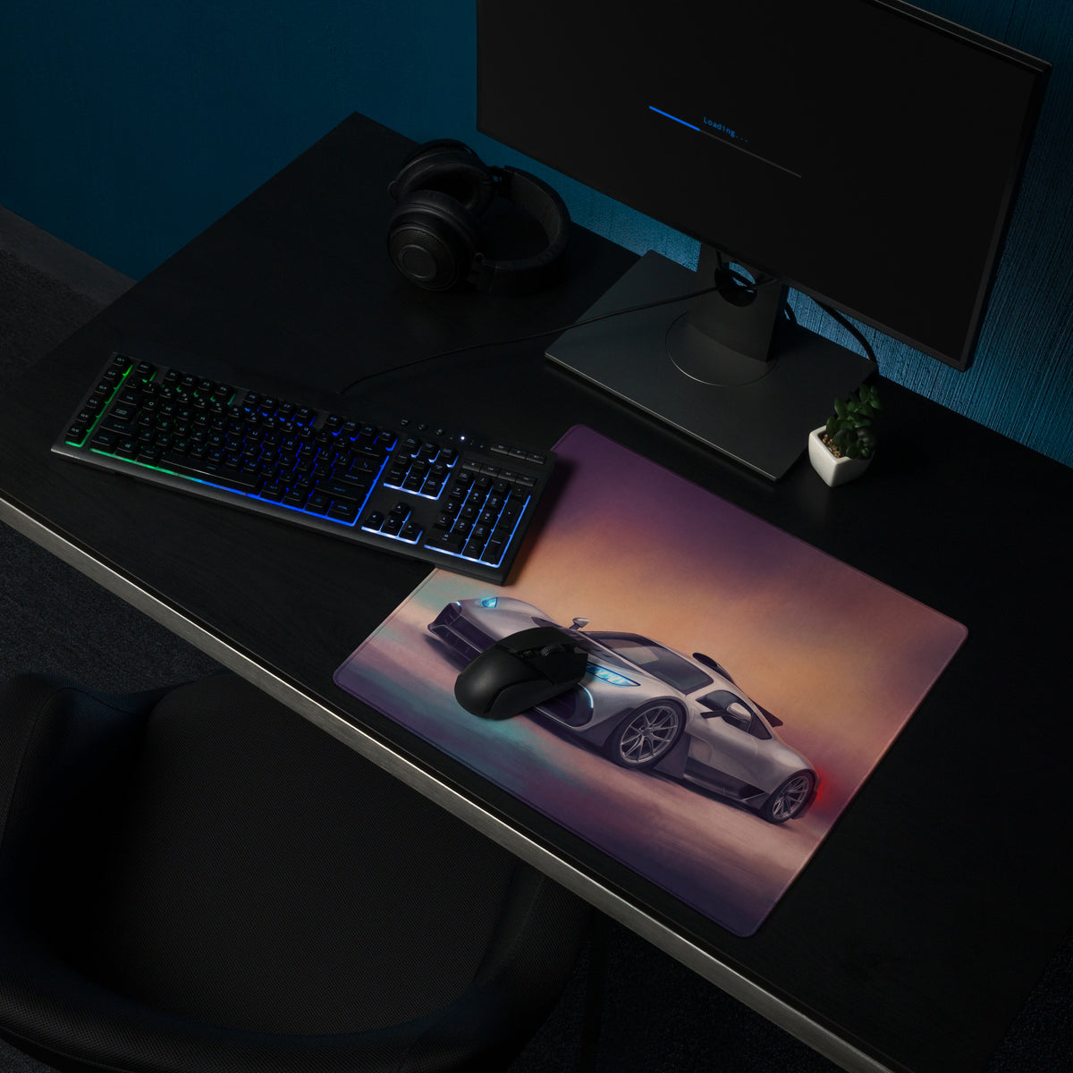Mercedes-AMG ONE inspired hyper silver desk pad featuring a sleek silver sports car graphic on a non-slip extended mouse mat