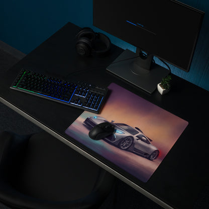 Mercedes-AMG ONE inspired hyper silver desk pad featuring a sleek silver sports car graphic on a non-slip extended mouse mat