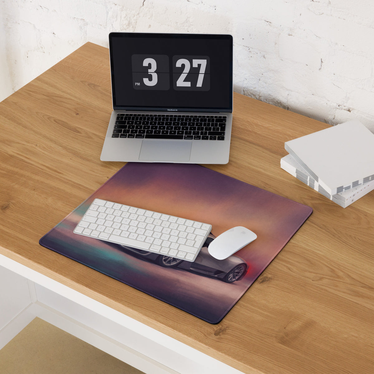 Rectangular mercedes-amg one inspired hyper silver desk pad with black sports car print and non-slip surface for pc use