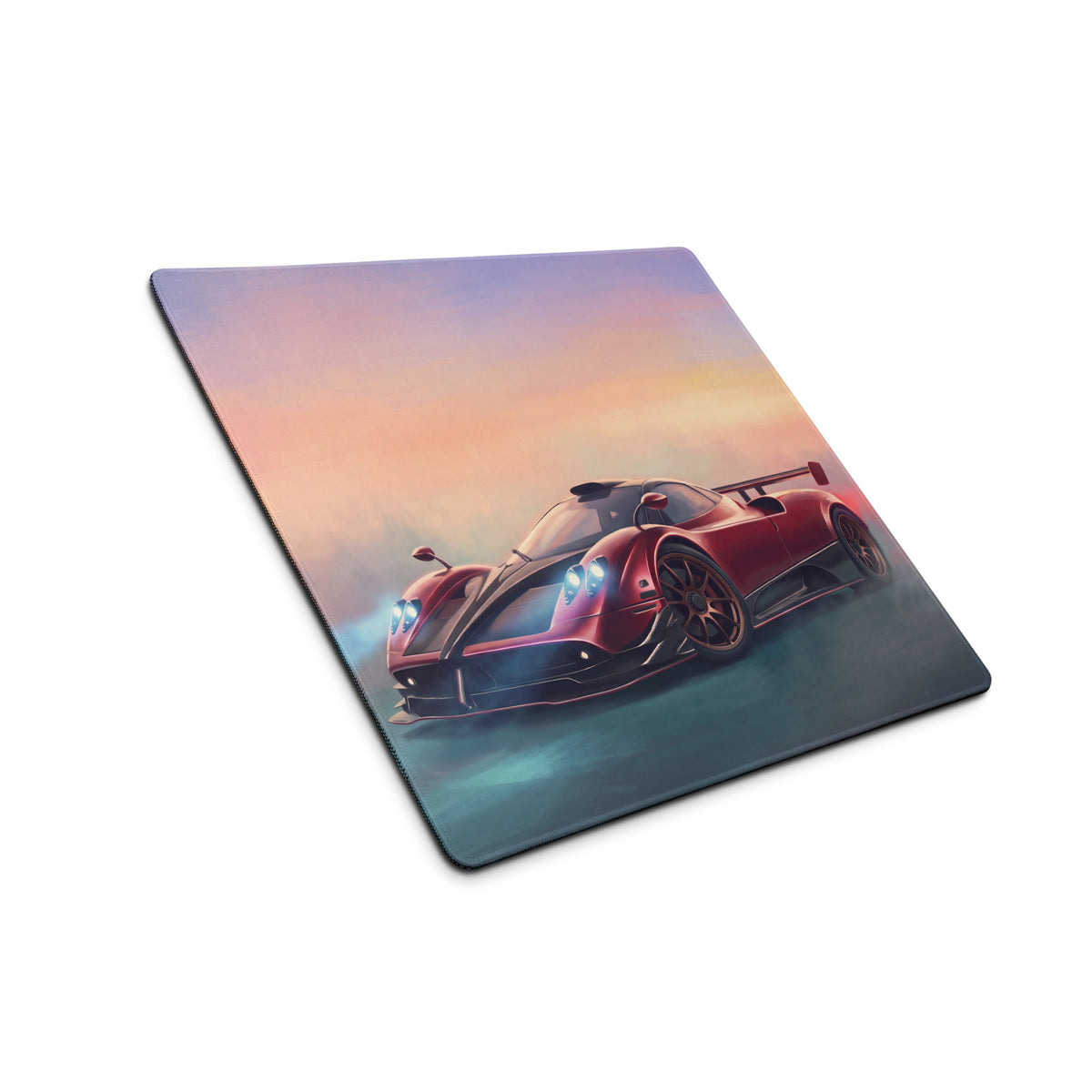 Pagani zonda inspired rosso sunset desk pad featuring a red sports car graphic on an extended non slip mouse mat