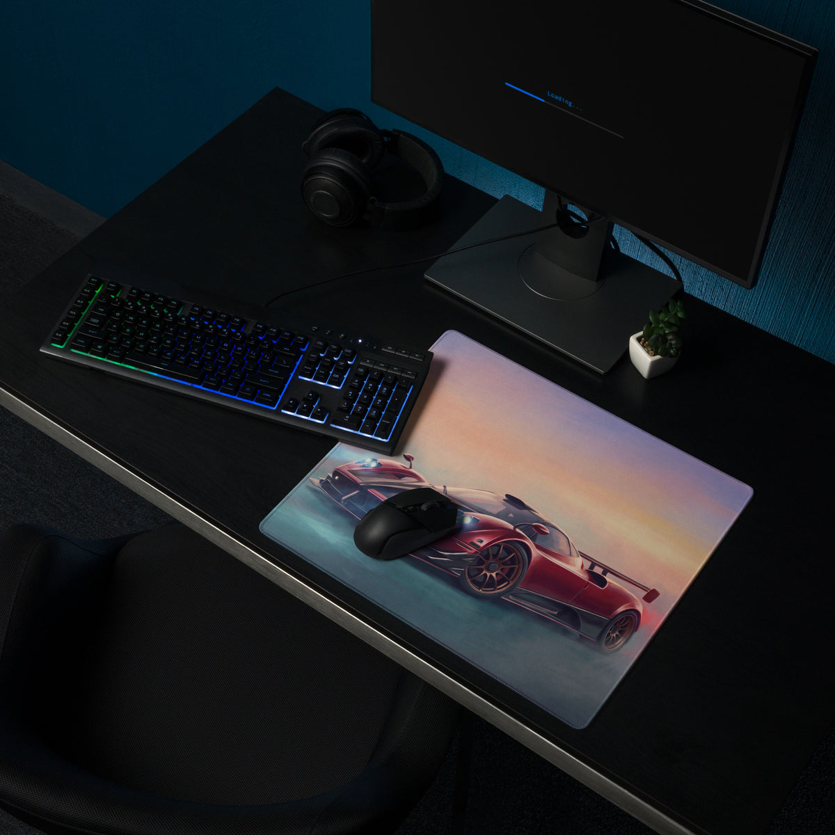 Rectangular pagani zonda inspired rosso sunset desk pad with vibrant red sports car on gradient sunset for smooth tracking