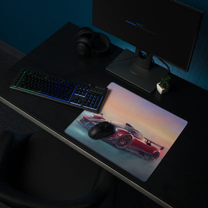 Rectangular pagani zonda inspired rosso sunset desk pad with vibrant red sports car on gradient sunset for smooth tracking