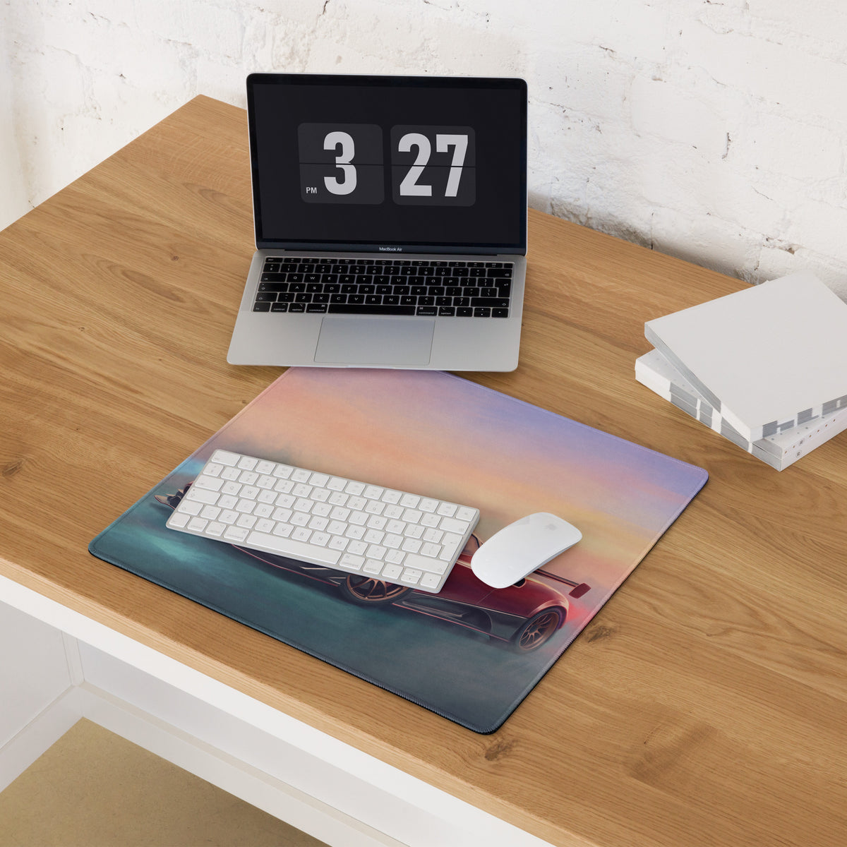 Rectangular pagani zonda inspired rosso sunset desk pad with vibrant orange purple gradient and red sports car design