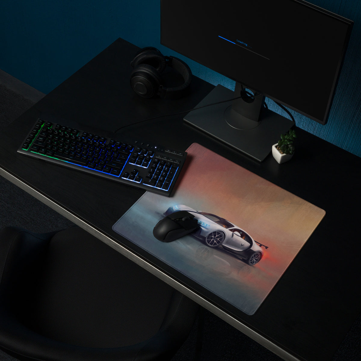 A sleek rectangular xl gaming mousepad with vibrant white Bugatti Chiron graphic and red orange lighting effects