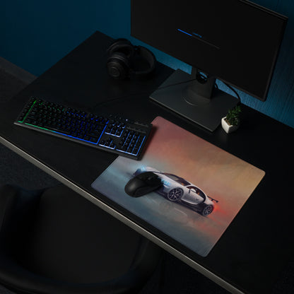 A sleek rectangular xl gaming mousepad with vibrant white Bugatti Chiron graphic and red orange lighting effects