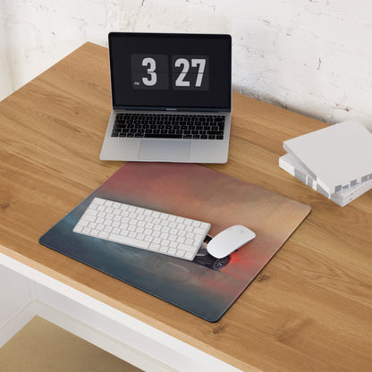 A sleek rectangular bugatti chiron inspired glacier sunset desk mat with a blue to orange gradient and black car image