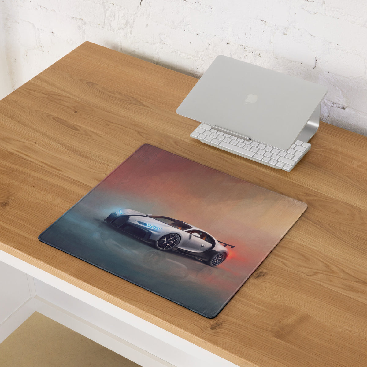 Rectangular high-precision xl gaming mousepad with white bugatti chiron graphic and blue red lighting effects on gradient background
