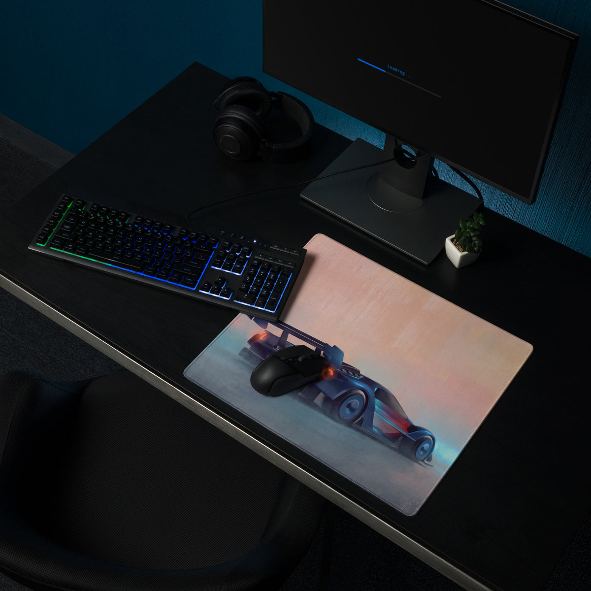Ford GT inspired cobalt track desk pad featuring a sleek rectangular gaming mousepad with a vibrant race car graphic