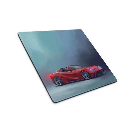 Red Ferrari 812 GTS inspired rosso sunset desk mat featuring a glossy finish and low-friction cloth on a sleek rectangular mousepad