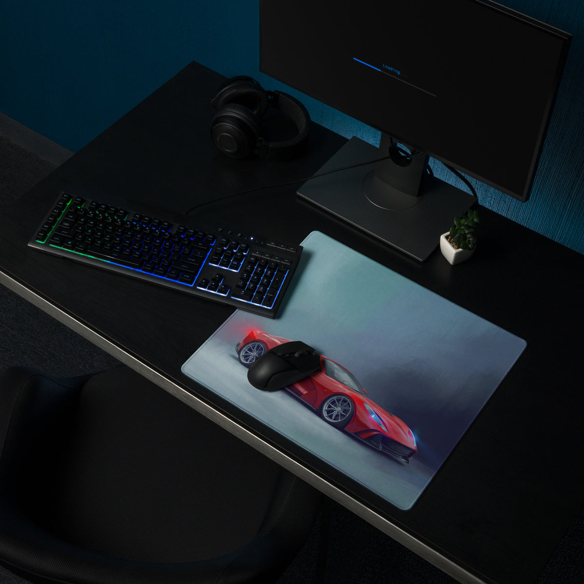 Red sports car graphic mousepad with sleek design and glossy finish on a low-friction cloth desk mat for smooth use