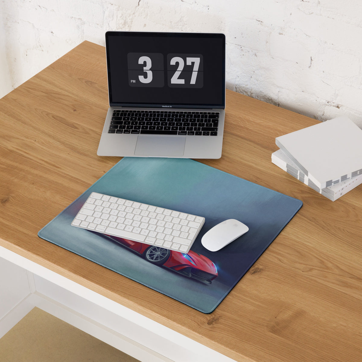Blue rectangular low-friction cloth mousepad featuring a red Ferrari 812 GTS sports car graphic for desk setup