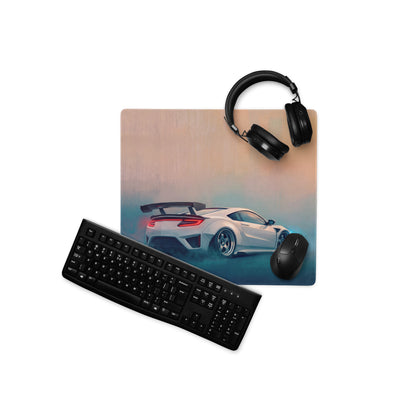 Acura NSX inspired pearl widebody white sports car graphic printed on a high precision XL gaming desk mat mousepad