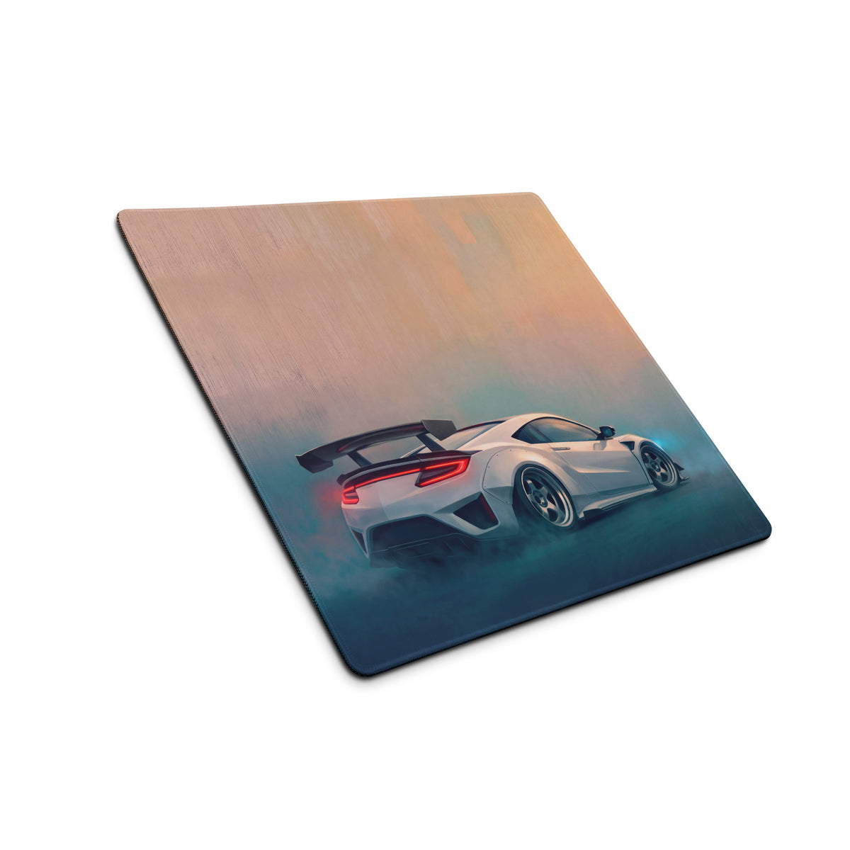 Acura NSX inspired pearl widebody desk mat featuring a white sports car illustration with glowing red taillights on XL gaming mousepad