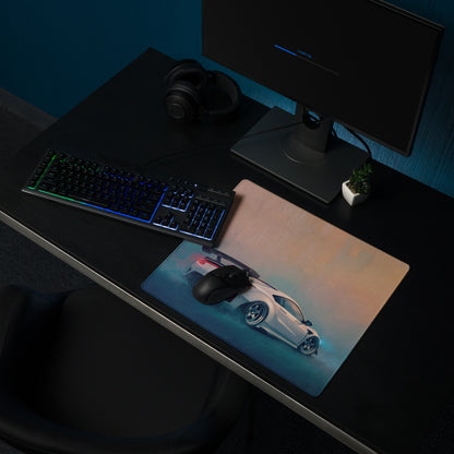 Acura nsx inspired pearl widebody xl gaming mousepad with vibrant white sports car graphic and glowing blue orange accents